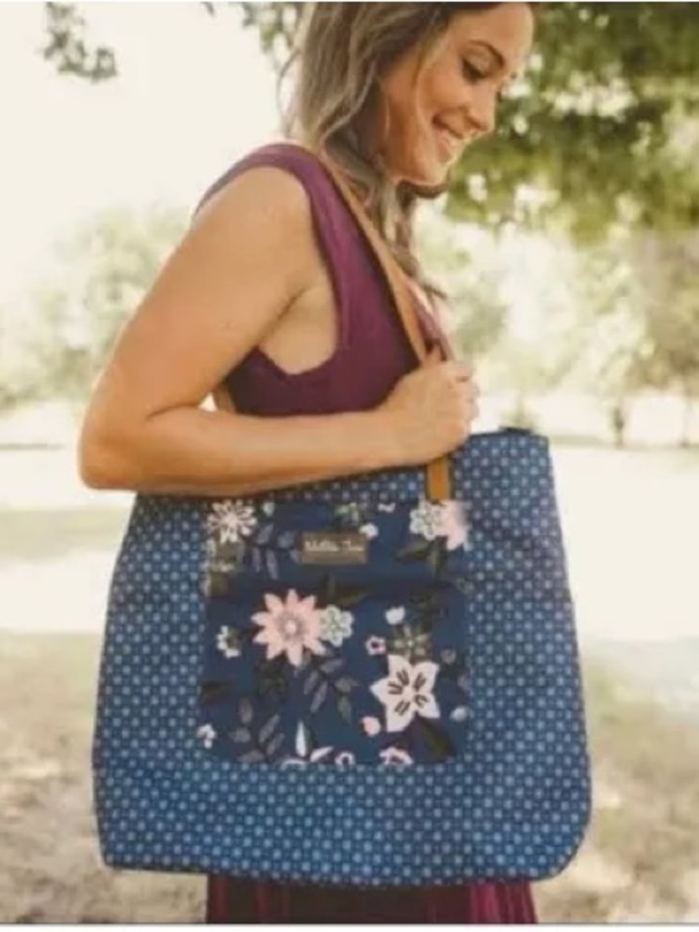 Matilda Jane extra credit Navy Floral & Polka Dot Tote with Tan Straps